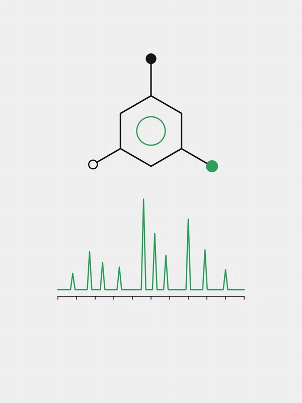 Illustration: a molecule above the spectrum that confirms its structure.